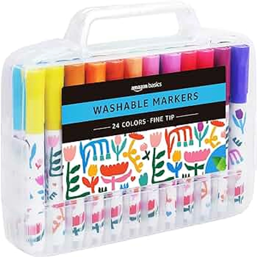 Amazon Basics Washable Fine Tip Assorted School Marker Pens, Pack of 24 Colors