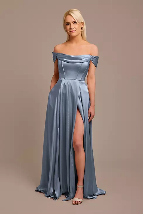 Charmeuse Cowl Off-the-Shoulder Bridesmaid Dress