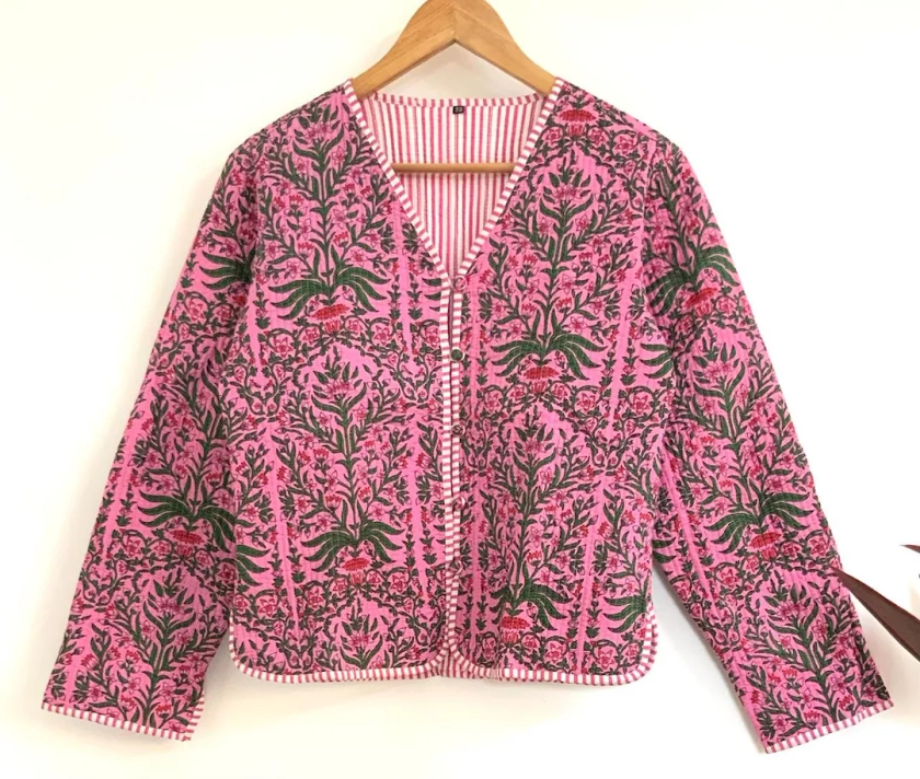Beautiful Pink Floral 100% Cotton Handmade Reversible Light Weight Quilted Short Jacket,womenwear New Style Coat,partywear OR Gift for Her - Etsy UK