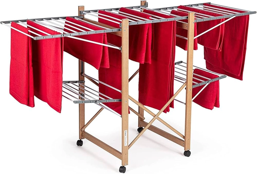 Etendoir Linge Pliable pour l'Intérieur et l'Extérieur, Séchoir à Linge en Aspect Bois Peu Encombrant - Etendoir à 2 Niveaux aux Ailes Pliables - Aussi pour Les Pièces Larges