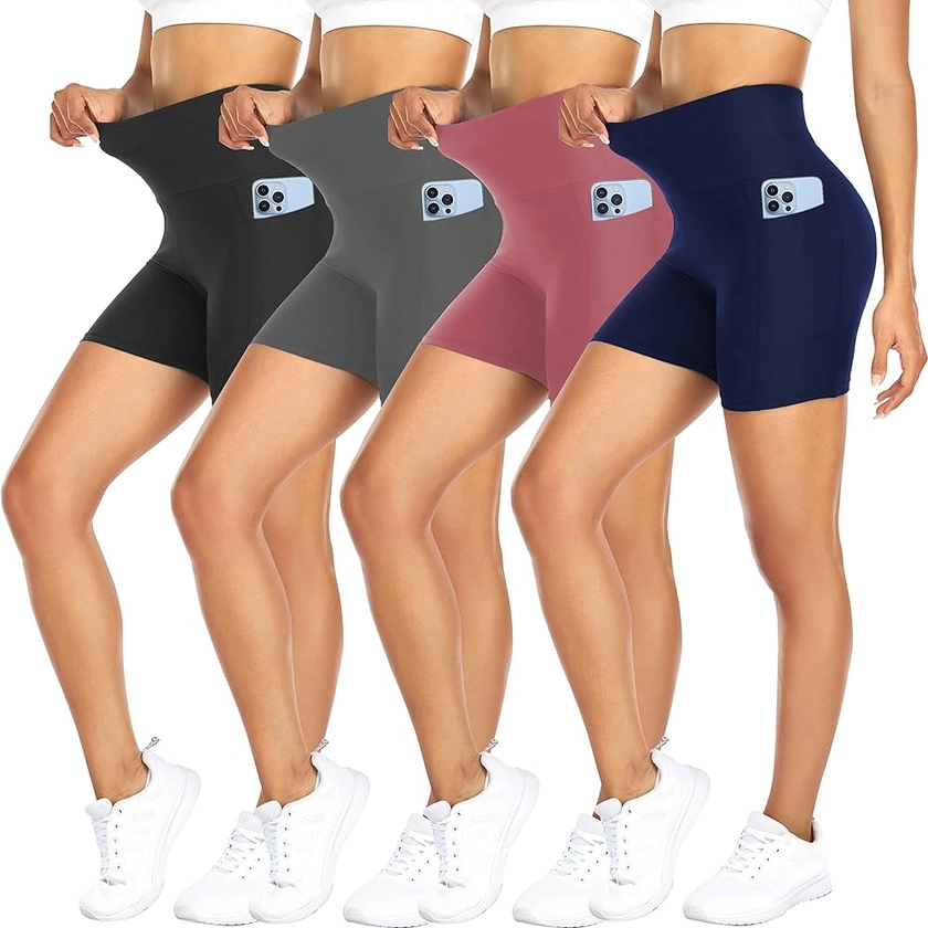 FULLSOFT 4 Pack Biker Shorts for Women with Pockets – 5" High Waisted Tummy Control Workout Yoga Running Gym Tennis Shorts