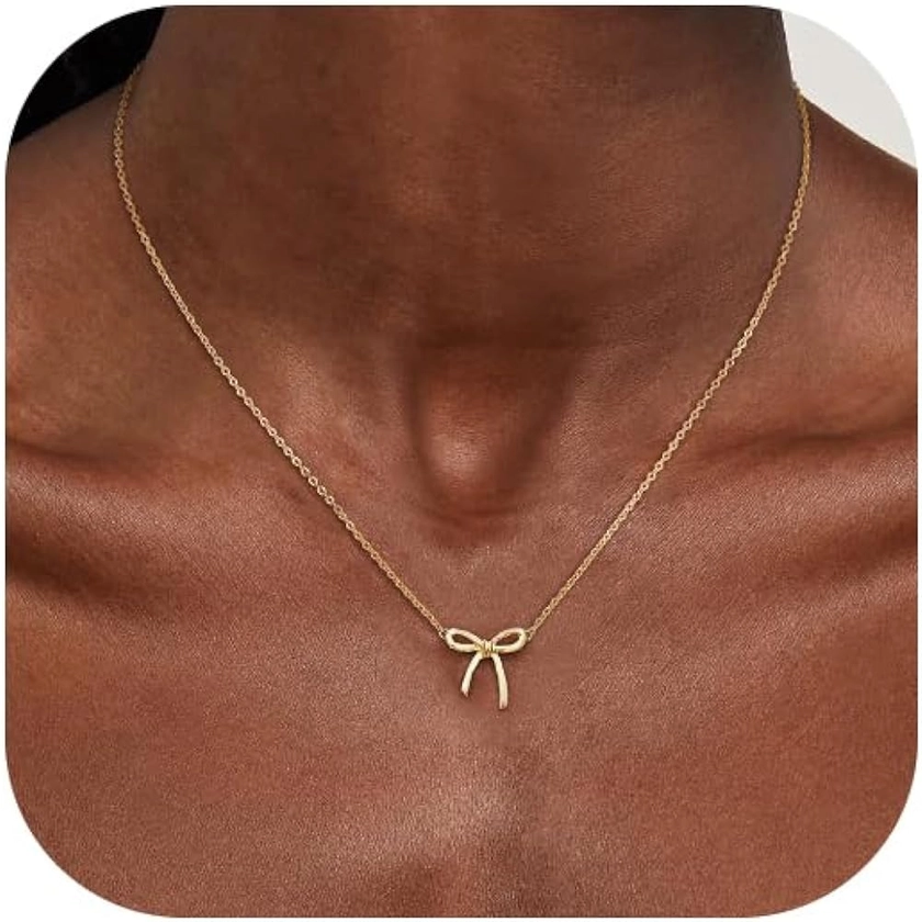 Risamil Gold Necklace for Women - Bow Necklace 14K Dainty Gold Necklace Cute Small Tiny Bow Pendant Choker Chain Necklace Trendy Necklaces for Women Gold Jewelry Gift
