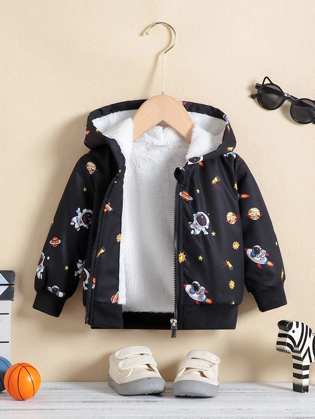 Baby&#39;s Astronaut &amp; Planets Pattern Hooded Jacket, Warm Outdoor Coat, Baby Boy&#39;s Clothing