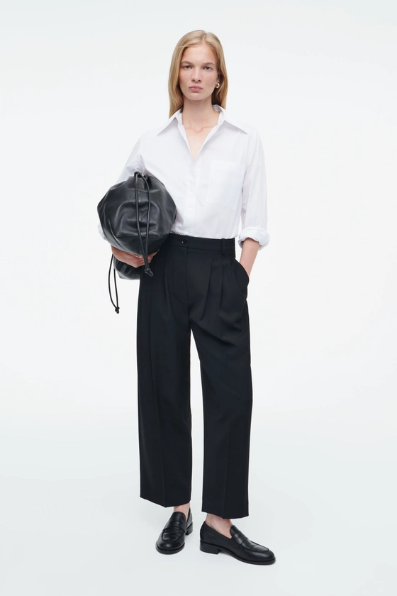 PLEATED BARREL-LEG WOOL-BLEND TROUSERS