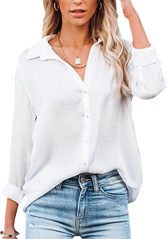 Womens Blouse Casual Long Sleeve Shirt Tops V Neck Button Down Shirts Basic Loose Tunic T Shirts (S, White) : Amazon.co.uk: Fashion