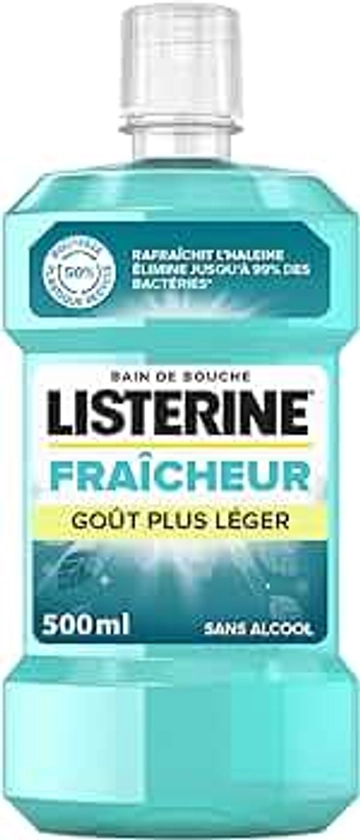 Listerine - Bain de Bouche Fraîcheur Intense, Menthol, Goût Plus Léger, Bain de Bouche Sans Alcool, 500ml