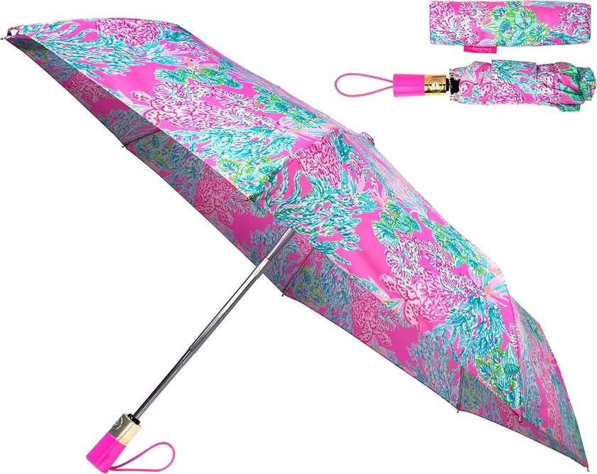 Lilly Pulitzer Travel Umbrella Compact, Cute Umbrella with Automatic Open and Storage Sleeve, Folding Umbrella for Rain or Sun Protection