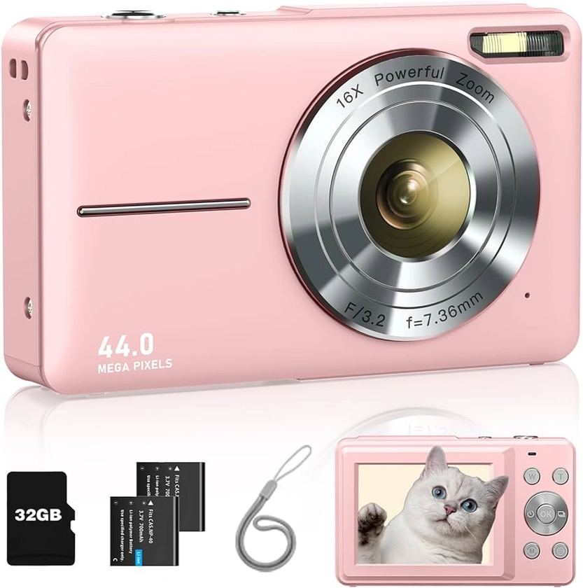 Amazon.com : Lecran Digital Camera, FHD 1080P Kids Camera with 32GB Card, 2 Batteries, Lanyard, 16X Zoom Anti Shake, 44MP Compact Portable Small Point Shoot Camera Gift for Kid Student Children Teen Girl Boy(Pink) : Electronics