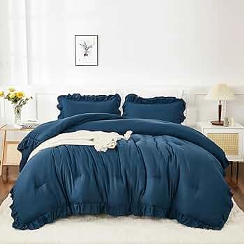 Andency Navy Blue Comforter Twin Size, 2 Pieces Kids Bed Comforter Set, Solid Ruffle Shabby Chic Farmhouse Comforter, Lightweight Soft Down Alternative Microfiber Bedding Set