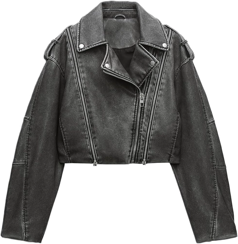 LY VAREY LIN Women Faux Leather Distressed Effect Jacket Lapel Zipper Biker Short Coat