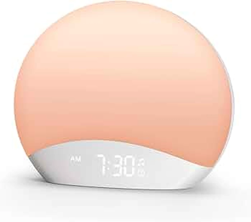 REACHER Sound Machine Sunrise Alarm Clock with Night Light, 26 Nature Inspired Sleep Sounds, 0-100% Dimmable Clock, Sunrise Lamp, Wake Up Light, Brown/Pink/White Noise Machine for Babys, Adults, Kids