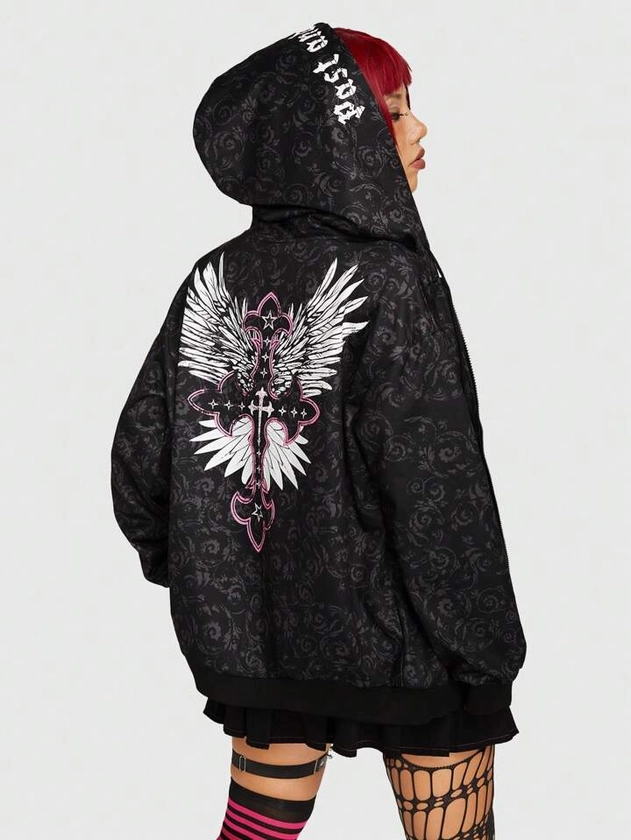 Grunge Punk Wings & Letter Graphic Drop Shoulder Hoodie | SHEIN USA