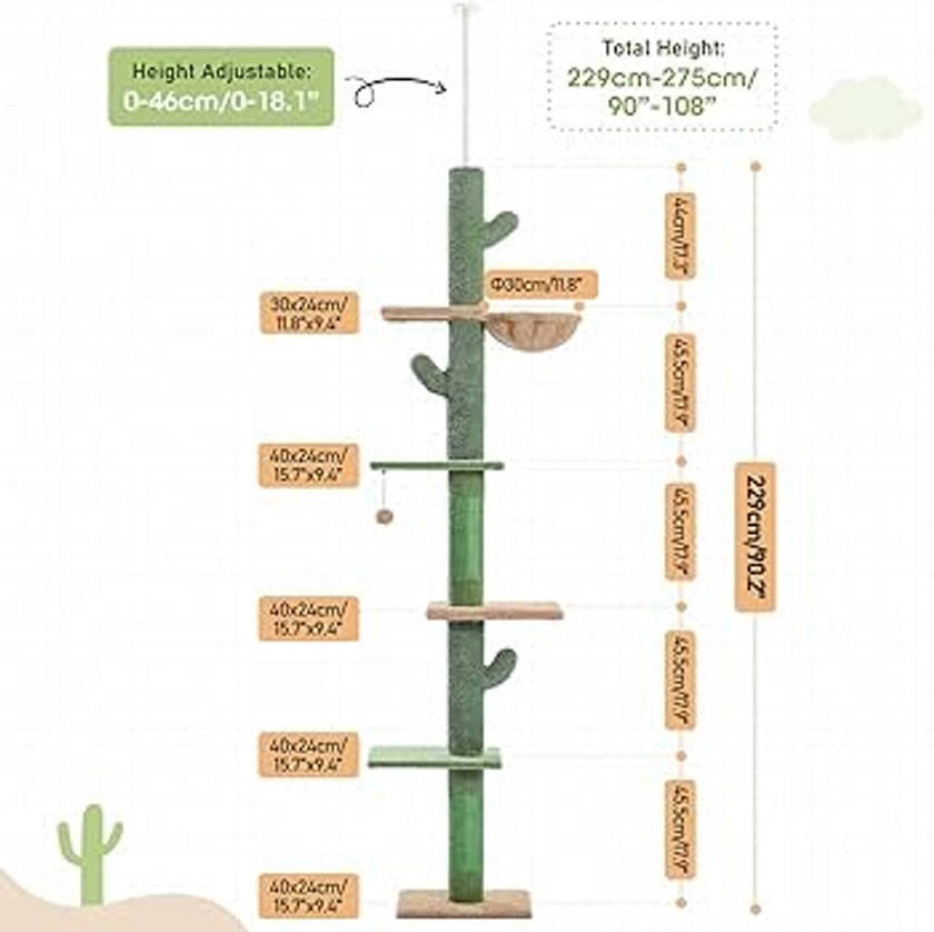 PAWZ Road Cactus Cat Tree Floor to Ceiling Cat Tower with Adjustable Height(229-275cm), 5 Tiers Cat Climbing Activity Center with Cozy Hammock, Platforms and Dangling Balls for Indoor Cats : Amazon.co.uk: Pet Supplies