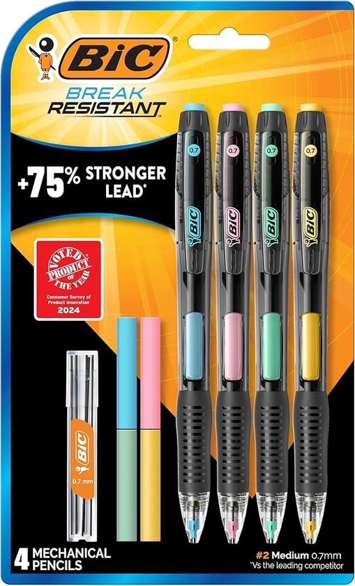 Amazon.com : BIC Break-Resistant Mechanical Pencils with Erasers, No. 2 Medium Point (0.7mm), 4-Count Pack for School or Office Supplies : Office Products