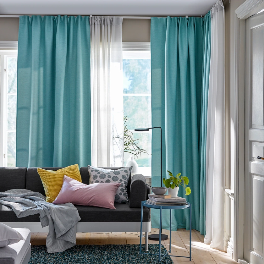 VILBORG Room darkening curtains, 1 pair - white/turquoise 145x250 cm