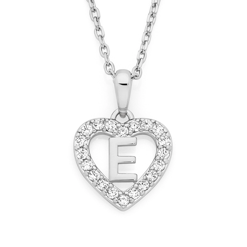 Silver Initial E In Cz Heart Pendant in White | Goldmark (AU)