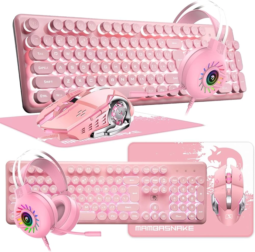 Wired 4 In 1 Gaming Keyboard Mouse Headphone Set, White Backlit Semi-Mechanical Membrane 104 Key QWERTY 100% Keyboard + 2400DPI Optical Mouse + RGB Gaming Headset with Mic + Mice Pad for PC/MAC - Pink