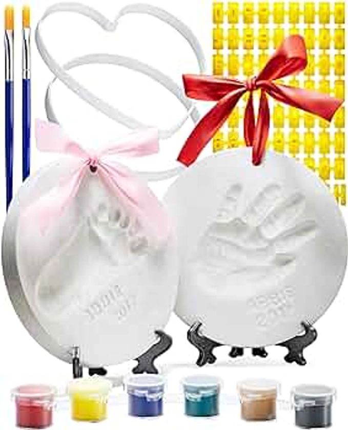 Little Hippo Baby Ornament Keepsake Kit (Newborn Bundle) 2 Easels, 4 Ribbons & Letters! Baby Handprint Kit and Footprint Kit, Clay Casting Kit for Baby Shower Gifts, Boys & Girls