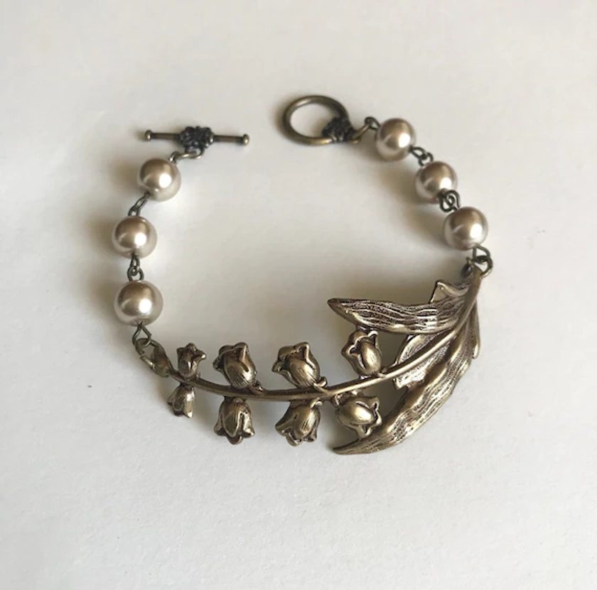 Lily of the Valley Bracelet, flower bracelet, brass cuff, vintage style wedding bracelet, lily of the valley jewelry, Victorian bracelet