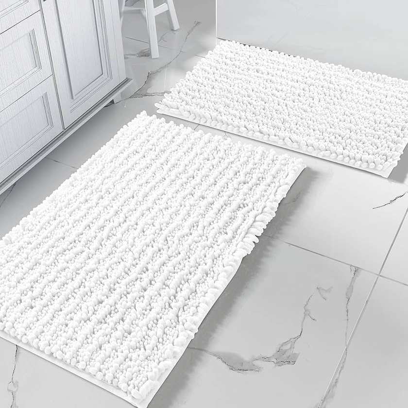 Yimobra White Bathroom Rugs Sets, Soft & Thick, Absorbent Water, Non-Slip, Machine-Washable, Luxury 2 Piece Chenille Shaggy Bath Mat Carpet for Floor, Tub and Shower, 32" x 20" Plus 24" x 17"