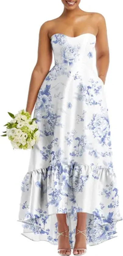 Alfred Sung Strapless Floral Ruffle High-Low Gown | Nordstrom