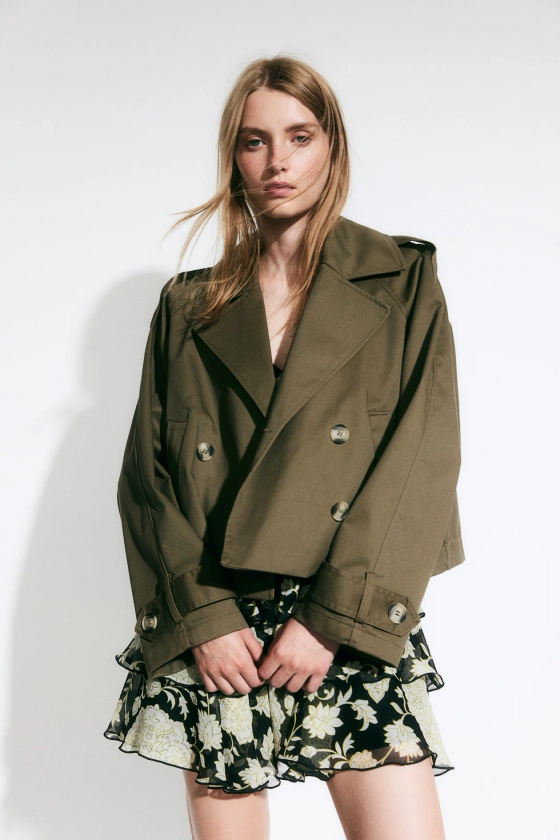 Short trench coat - V-neck - Long sleeve - Dark khaki green - Ladies | H&M GB