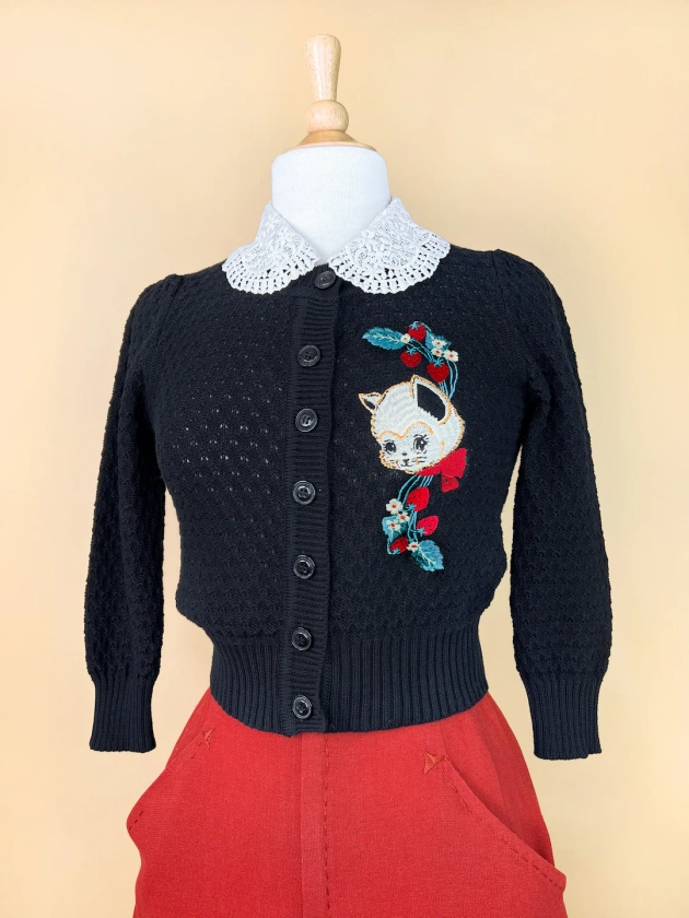 Strawberry Fields Forever Cropped Cardigan in Black Size S, M, L, XL Sweater Vintage Inspired by MISCHIEF MADE, Cat - Etsy UK