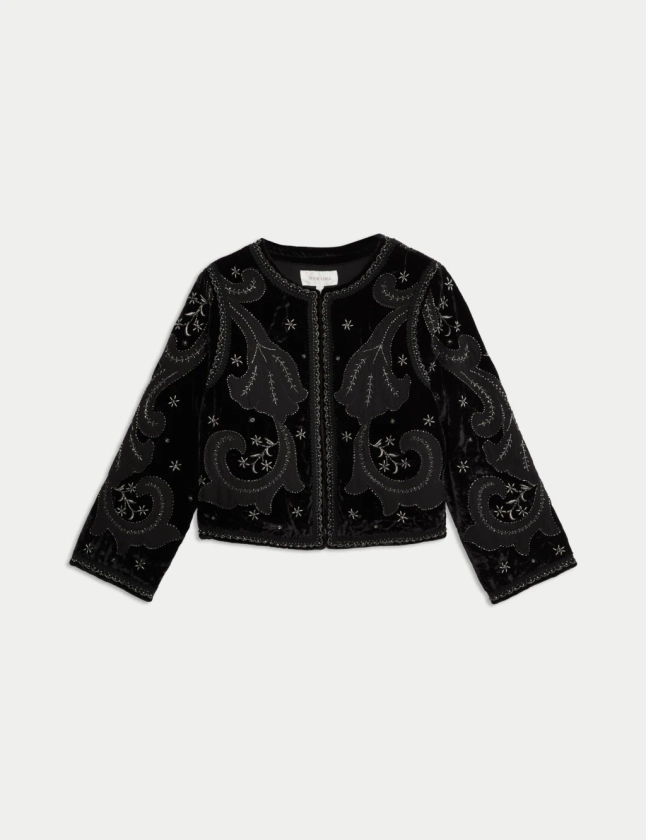 Velvet Embroidered Collarless Cropped Jacket | Per Una | M&S