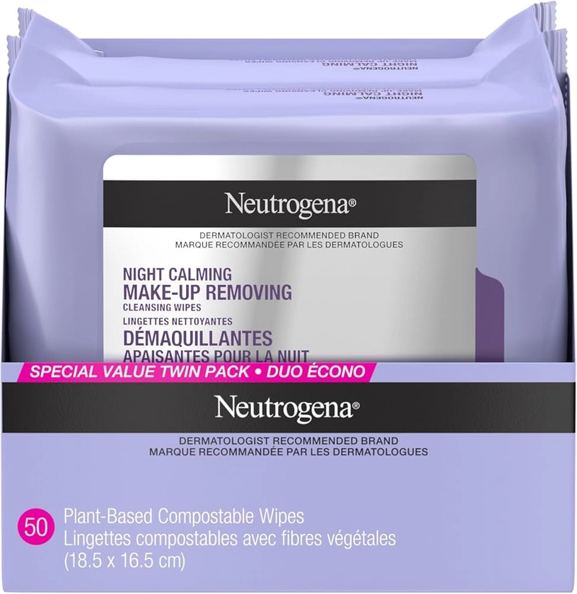 Neutrogena Night Calming Makeup Removing Cleansing Wipes, Nighttime Cleansing Facial Wipes Remove Sweat, Sunscreen, Dirt & Waterproof Makeup & Calming scent, Hypoallergenic, 100% Plant Based Cloth, Twin Pack, 2 x 25 ct