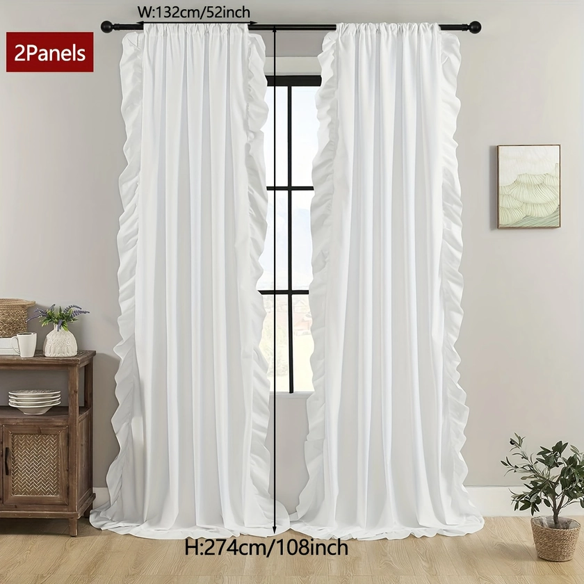 2panels French Romantic Semi-blackout Ruffle Curtains, American Country White Bay Window Balcony Curtains Living Room Bedroom Decorative Curtains Home