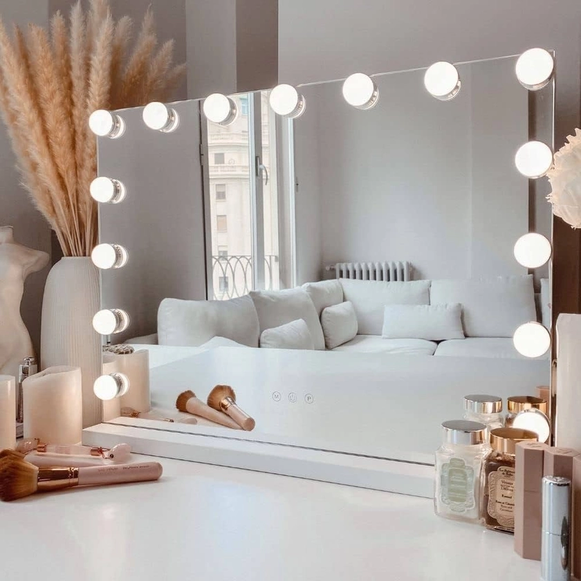 YU YUSING Miroir Maquillage Hollywood Lumineux, Miroir LED 15 Lumières Dimmables 58X45cm, Miroir Coiffeuse Contrôle Tactile 2 Couleurs Montage Mural Blanc