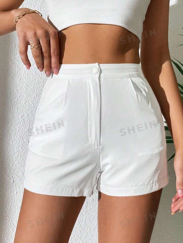SHEIN PETITE Shorts cintura alta detalhe dobrado