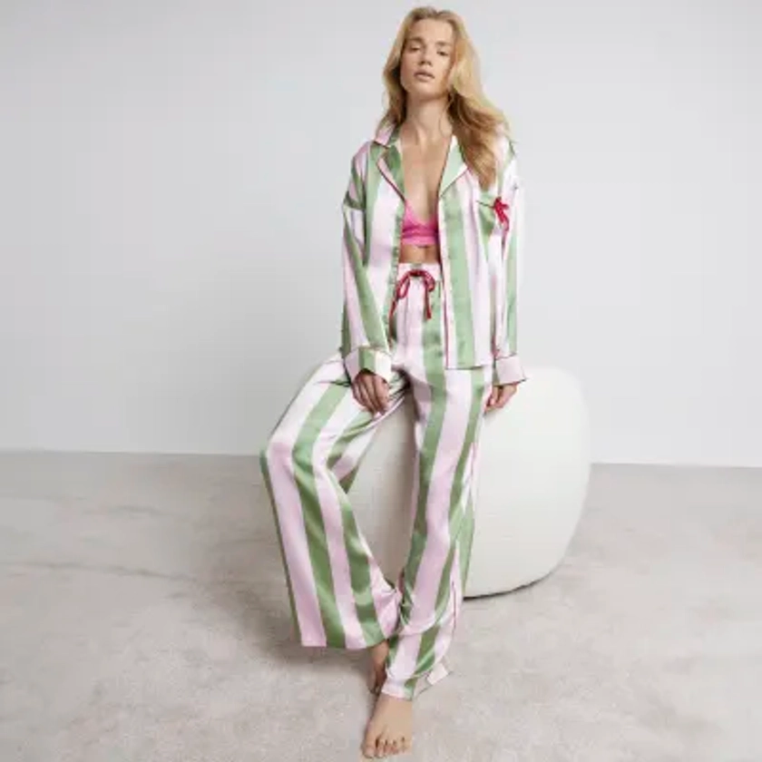 Green Satin Stripe Pyjama Set