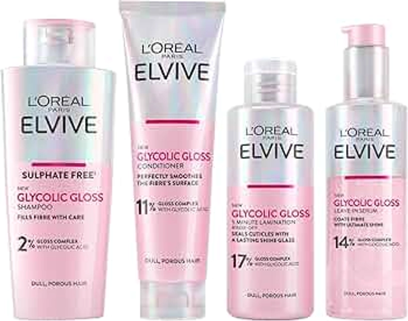 L'Oréal Paris Elvive Glycolic Gloss for Dull Porous Hair, Get The Shiniest Hair of Your Life, Glossing Routine for Mirror-Like Shine, Shampoo, Conditioner, Lamination Treatment, Leave-In Serum Set