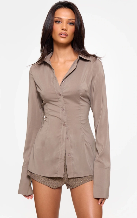 Brown Chiffon Fitted Shirt | Tops