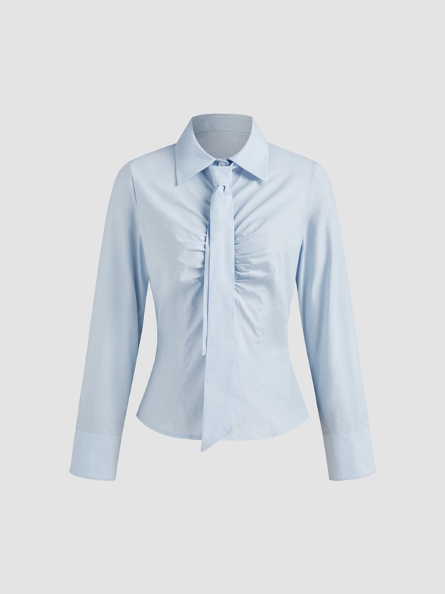 Woven 100% Cotton Collar Solid Ruched Long Sleeve Blouse With Tie For School