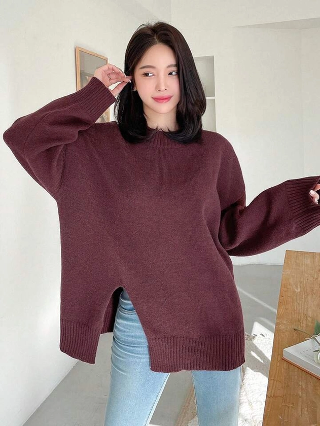 DAZY Solid Color Drop-Shoulder Split Sweater
