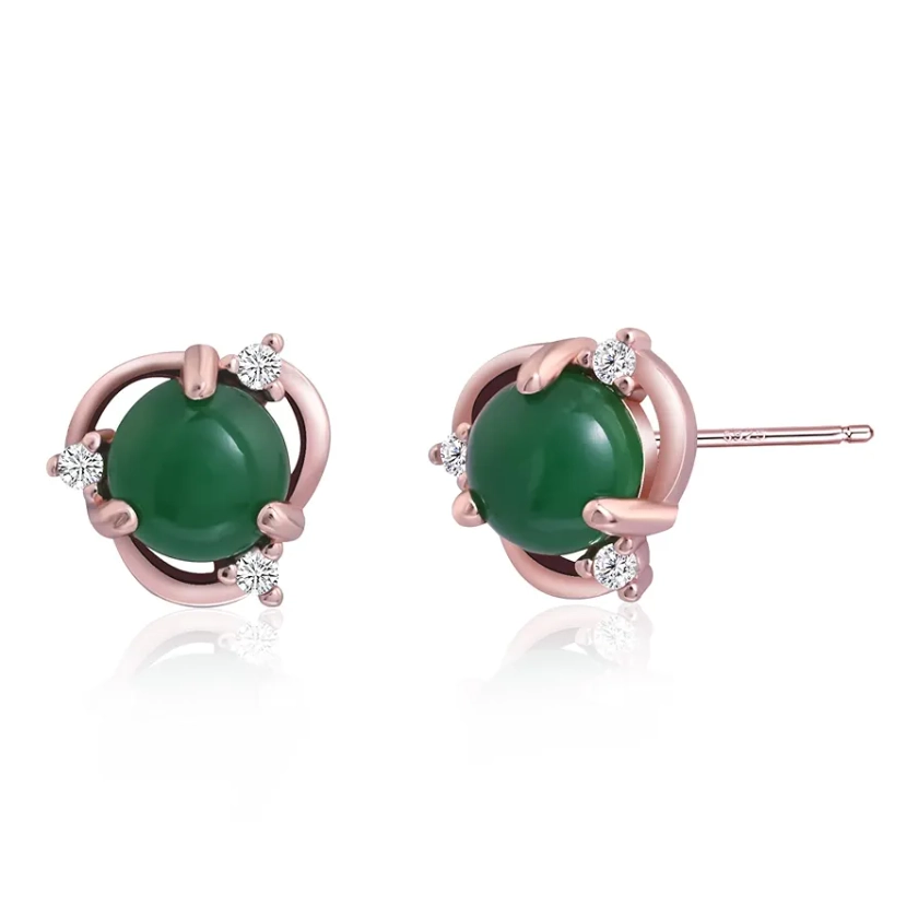 Rose Gold Jade Stud Earrings 925 Sterling Silver Cubic Zirconia Earrings for Women Handmade Earrings Jade Jewelry