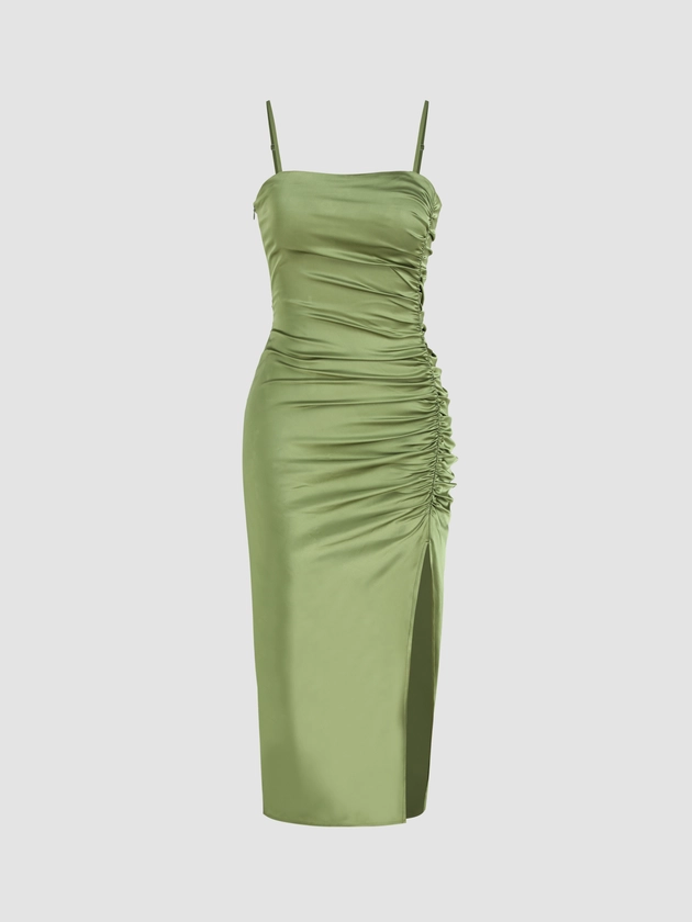 Solid Satin Ruched Split Midi Cami Dress