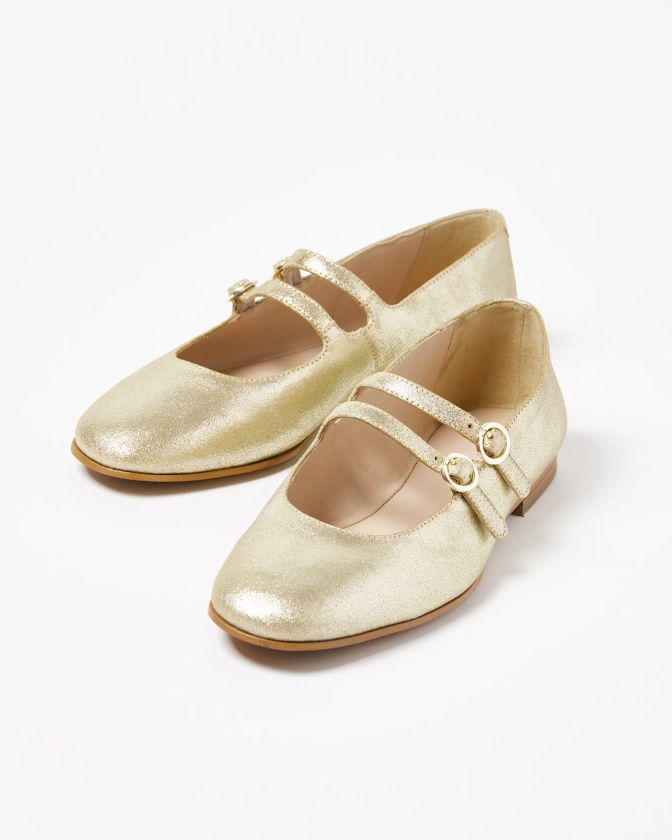 Mary Jane Double Buckle Golden Leather Shoes | Oliver Bonas