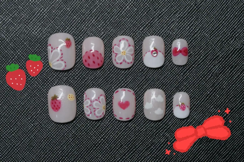 Hand Painted Strawberry and Bow Kawaii Short Square Circle Press on Nailscute Flowers Nailsy2k Nails - Etsy