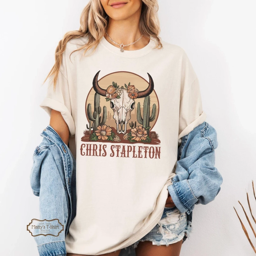 Western Chris Stapleton T-Shirt | Boho Skull & Cactus Graphic Tee | Country Music Fan Gift | Vintage Floral Bull Skull | Rustic Southern