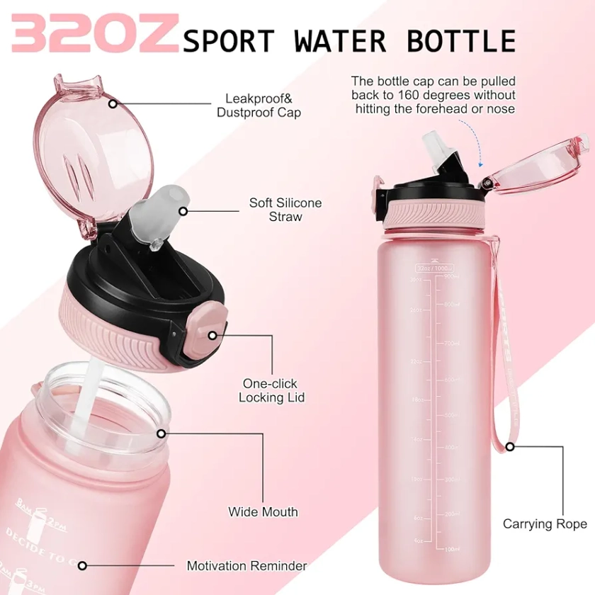 AOHAN Water Bottles 1L BPA Free Sport Drinking Bottle with Straw, Dishwasher Safe Lock Cover Leakproof Motivational Water Bottle with Time Markings, Non-Toxic Canteen Bottle (Light Pink) (SH0008)