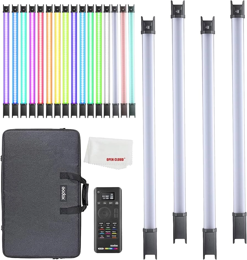 Godox TL60-K4 RGB Tube Light Kit,CRI 96 TLCI 98,Color Temper 2700K~6500K,100% Brightness (LUX),39 FX Effects,2.4G Wireless,Support APP Control/DMX Control (Four lamp kit)