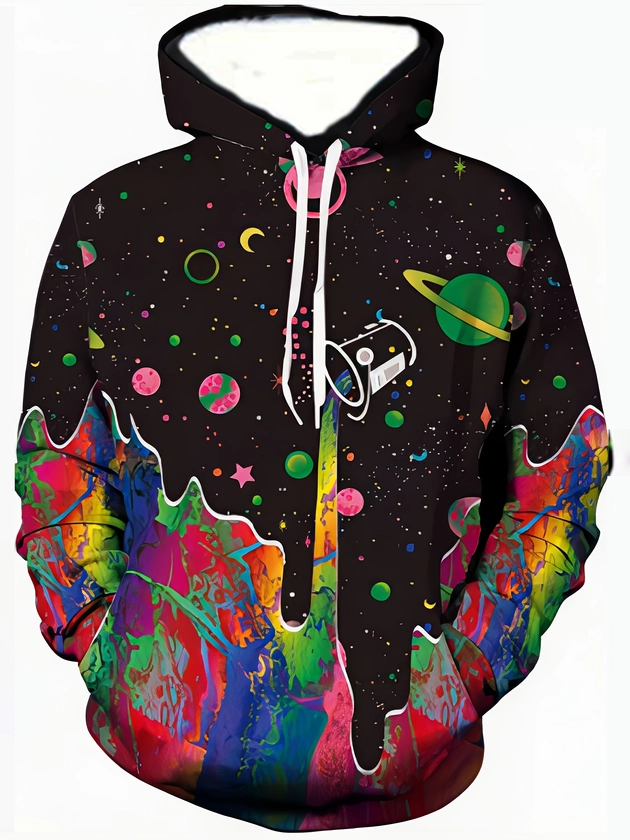 Plus Size Men&#39;s Colorful Pattern Graphic Print Hooded Sweatshirt For Spring Fall, Casual Trendy Hoodies