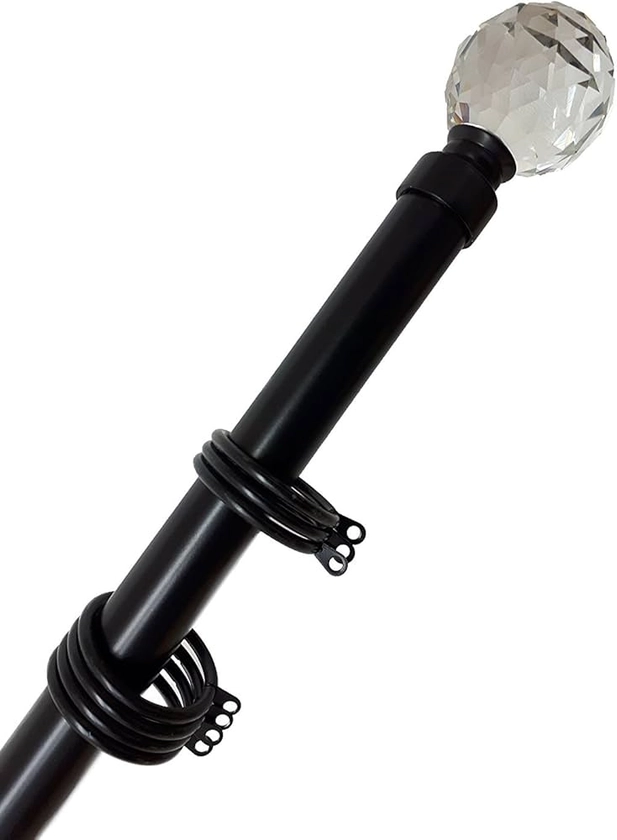 Home Harmony® Crystal Ball Finial Telescopic Extendable Curtain Pole set In Black or Silver and Matching Holdbacks Available (Black, 180-340 cm)