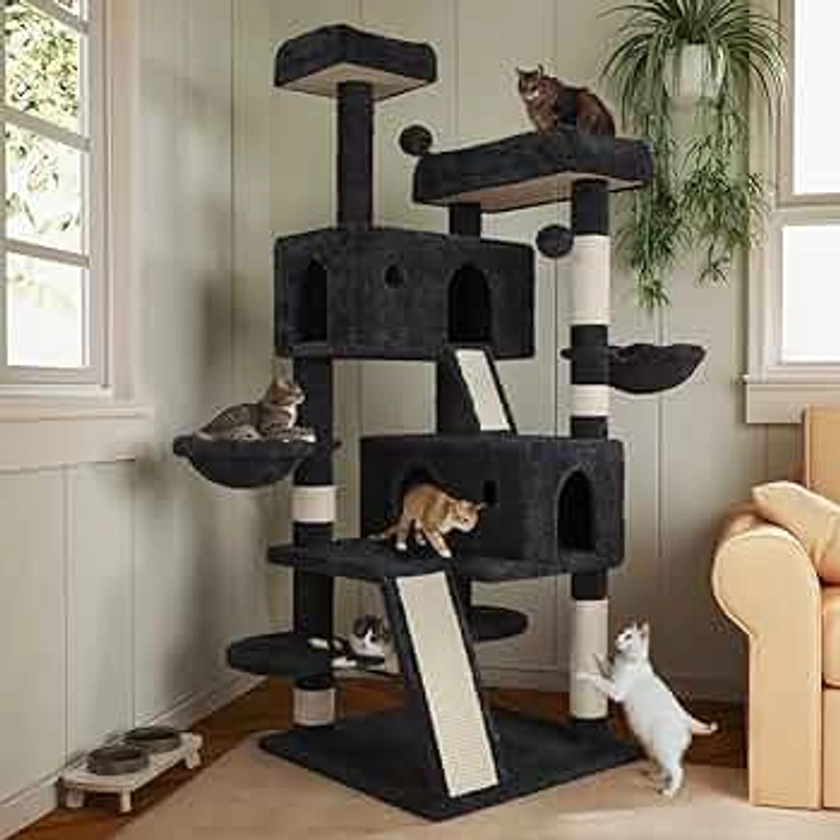 MUTICOR 66 Inches Multi-Level Large Cat Tree Tower for Indoor Big Cats/Cozy Plush Perches/Cat Condo/Sisal Scratching Posts/Hammock and Baskets/Cat Activity Center Play House/Wide Base/Dark Grey