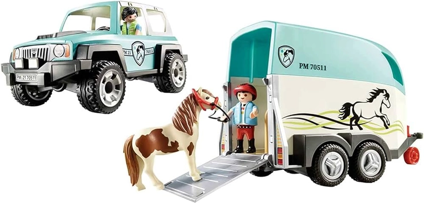 Playmobil 70511 Voiture et Van pour Poney - Country - avec Deux Personnages, Un Poney et Un 4x4 Qui Comprend Une remorque - Univers Equitation Animaux - Dès 4 Ans