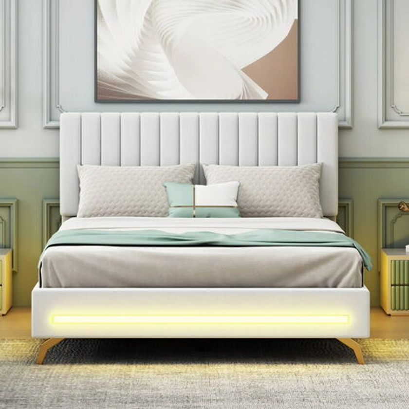 VersLife lit rembourré 140 x 200 cm, lit adulte avec lumières LED, lit double avec tête de lit réglable, avec sommier à lattes, tissu velours-blanc