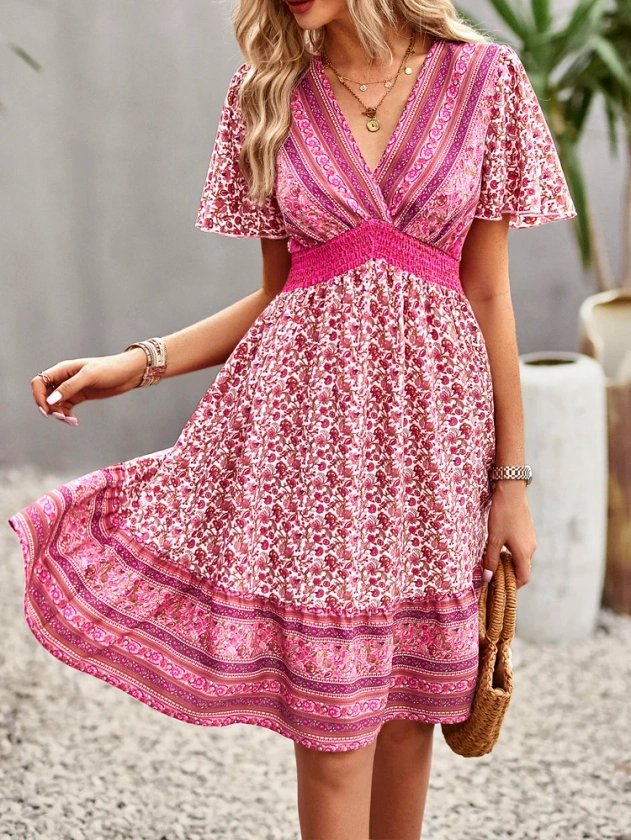 Ditsy Floral Print Shirred Waist Ruffle Hem Dress